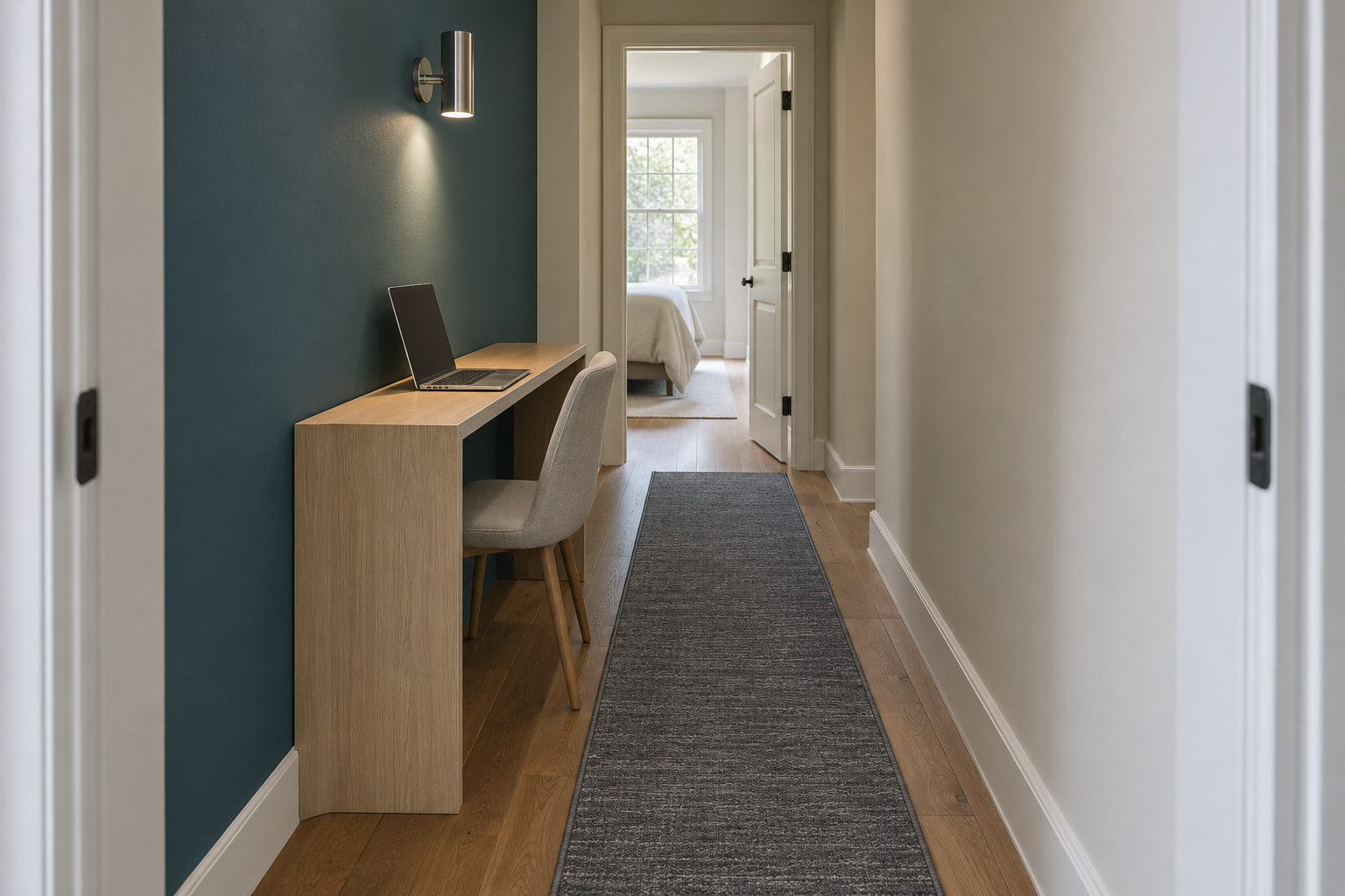 A narrow desk against a wall in a room where the same floor also serves as a walking path.