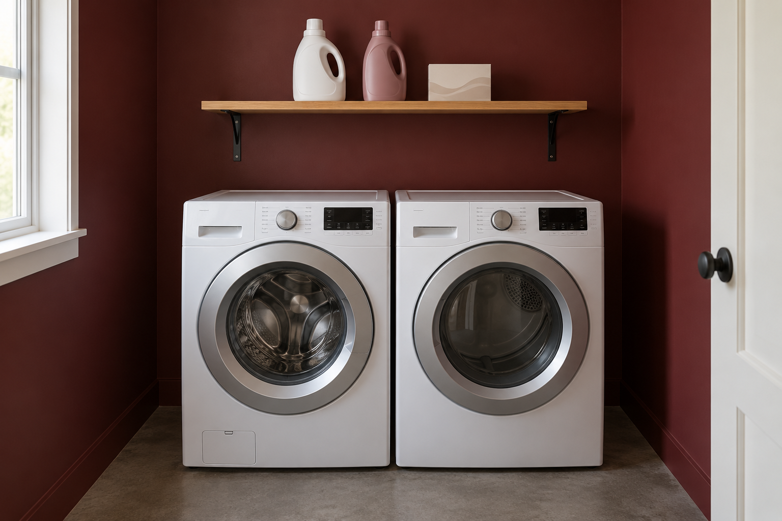 A wooden shelf with detergent and softener directly above two front-loading machines against a burgundy wall.
