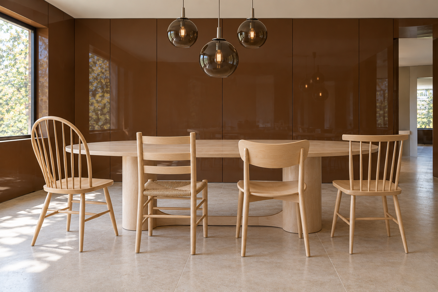 A Windsor, ladder-back, curved-back, and spindle-back chair in the same pale maple finish lined up along an oval maple table.