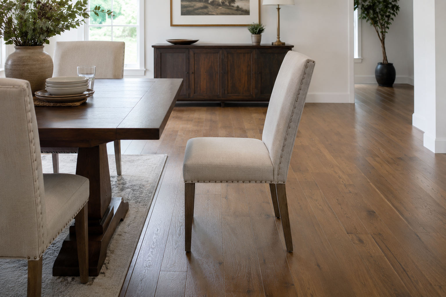 A dining chair pulled fully out from the table, showing the clearance space needed behind it