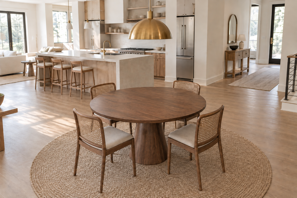A round pedestal dining table floated in an open-plan space, a rug marking the dining zone beneath it.