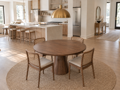A round pedestal dining table floated in an open-plan space, a rug marking the dining zone beneath it.