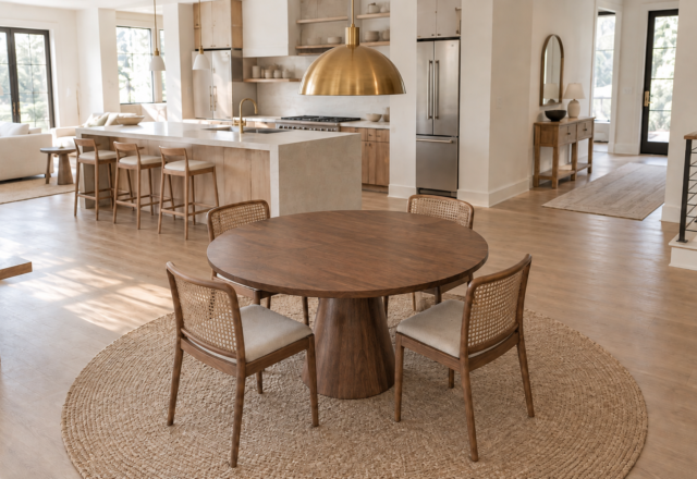 A round pedestal dining table floated in an open-plan space, a rug marking the dining zone beneath it.
