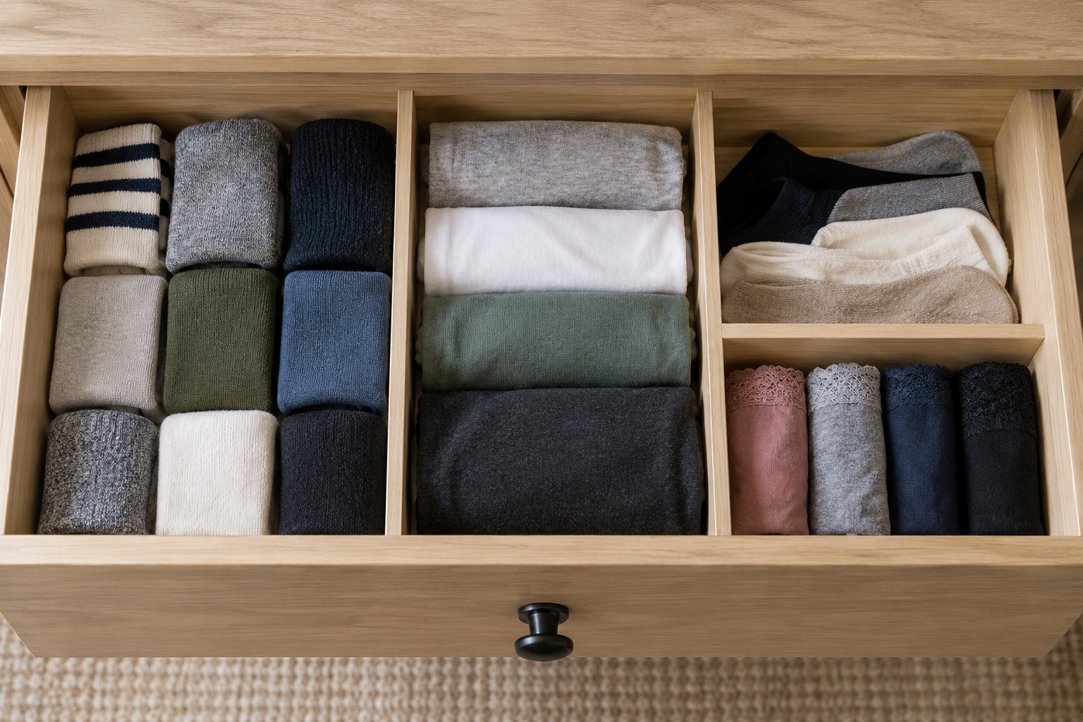 A dresser drawer fitted with simple dividers separating folded clothing into sections.
