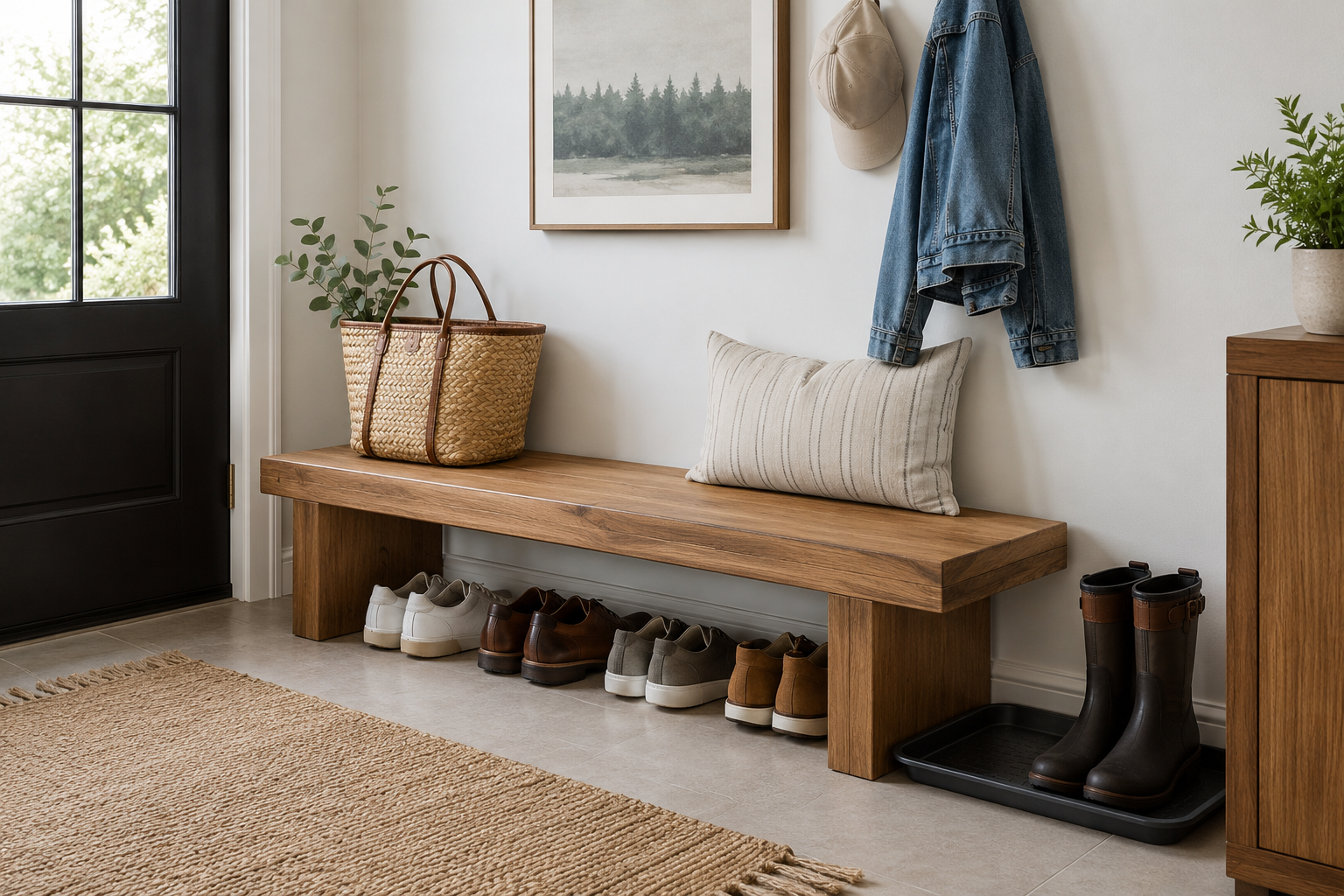 Entryway bench with shoes stored underneath and a boot tray at one end