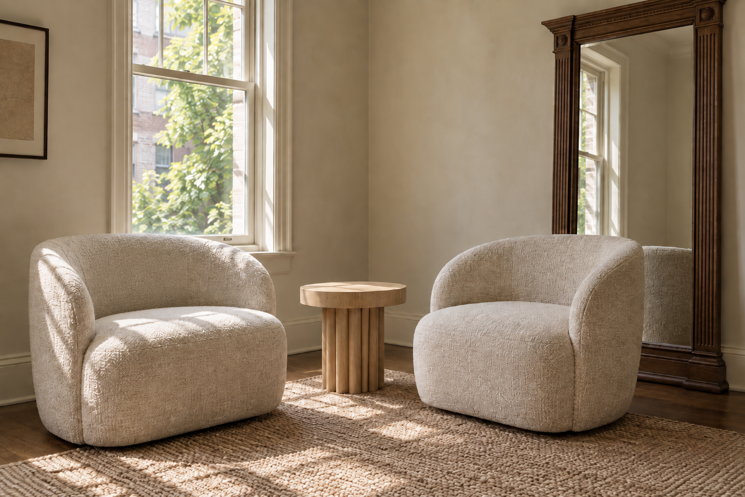 A contemporary seating corner dominated by soft, curved furniture, with one traditional carved-wood floor mirror as the sole supporting accent.