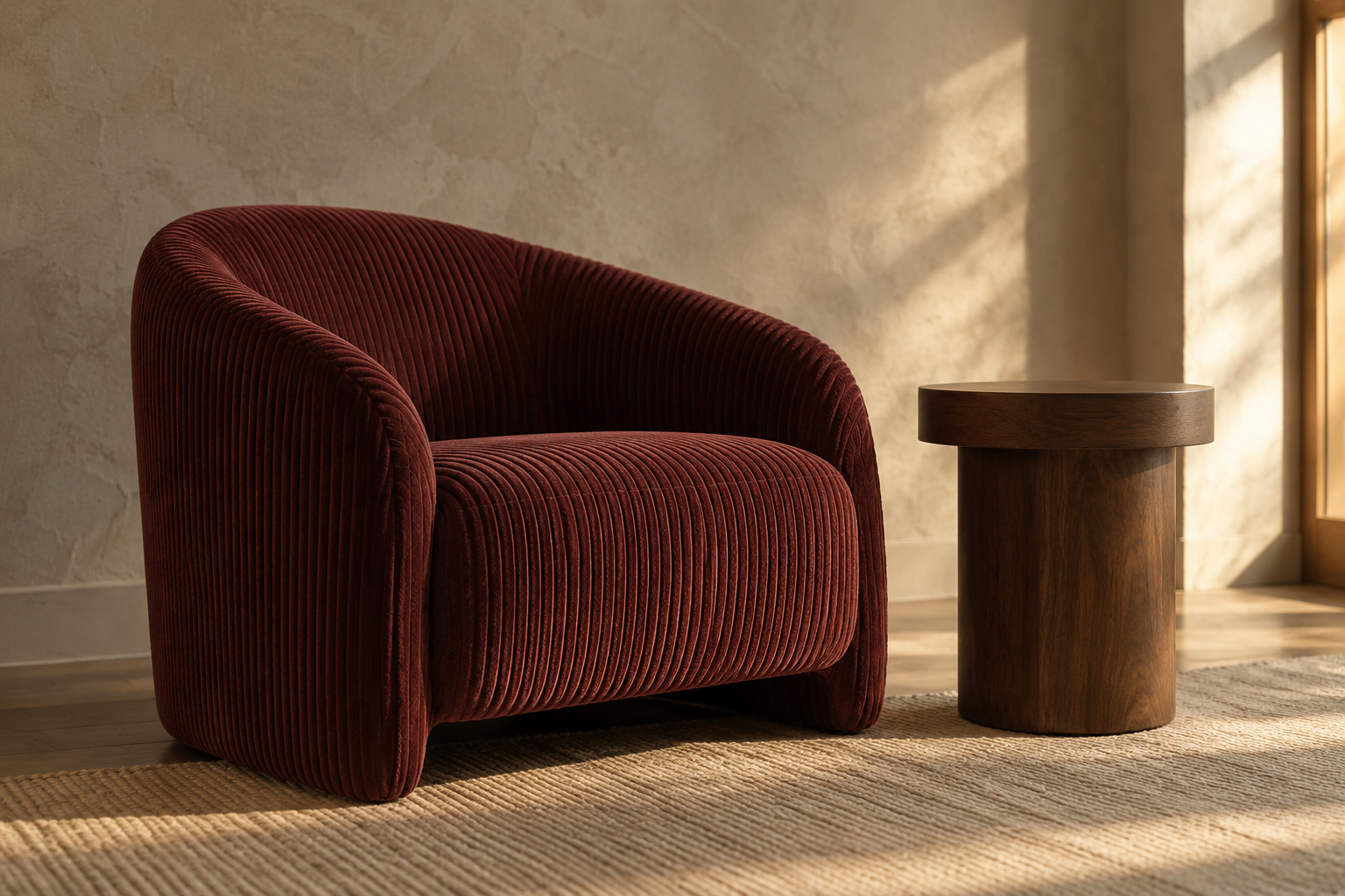 A curved accent chair reupholstered in deep oxblood ribbed corduroy beside a walnut plinth side table.