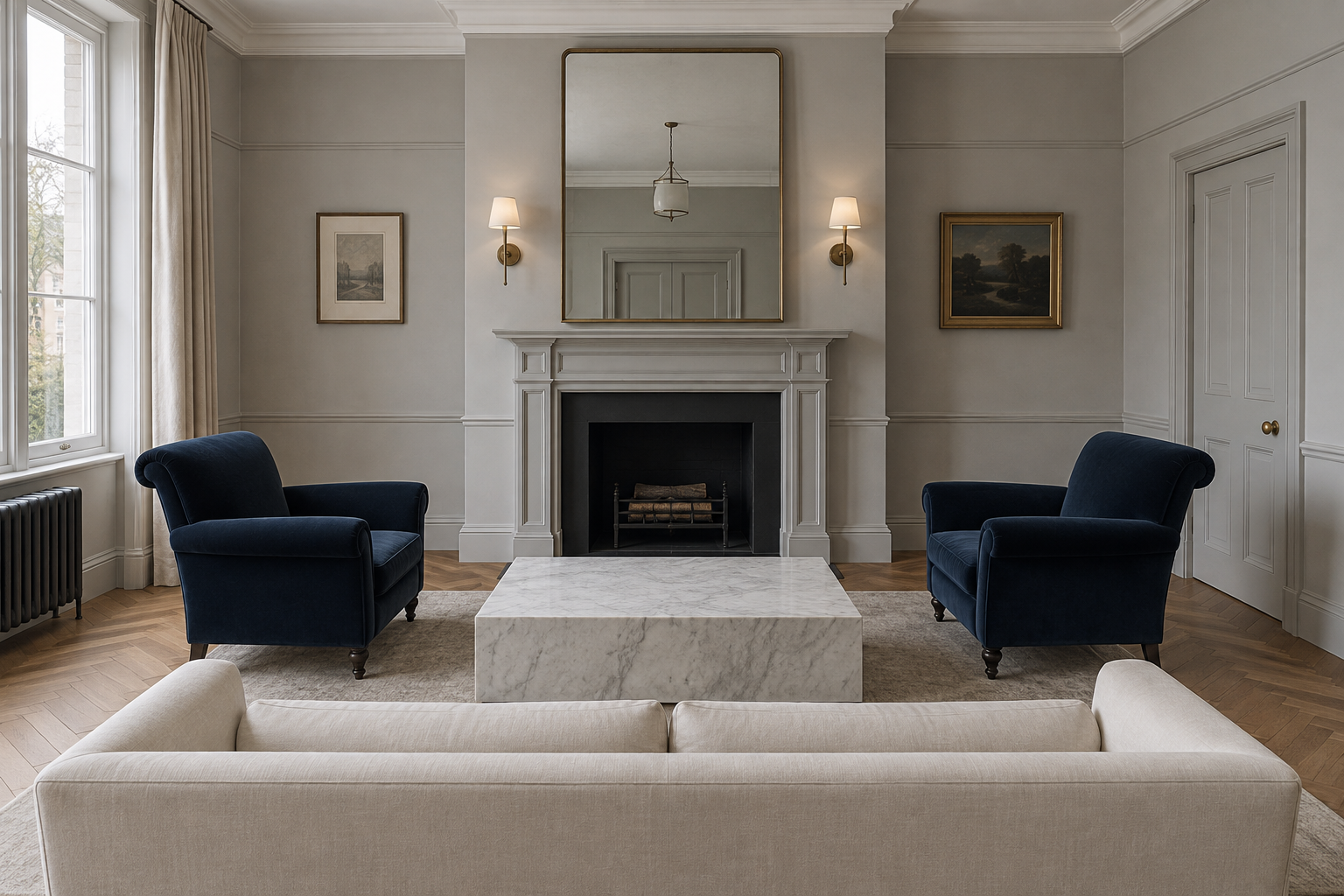 A symmetric living room arrangement with two chairs and a sofa facing a centered fireplace.