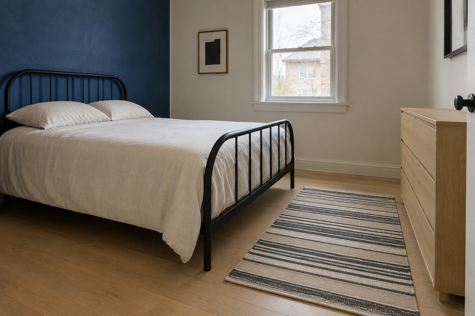 A small secondary bedroom with a cream-and-charcoal striped rug placed just past the foot of a black iron bed frame, not touching it, against a cobalt-blue wall.