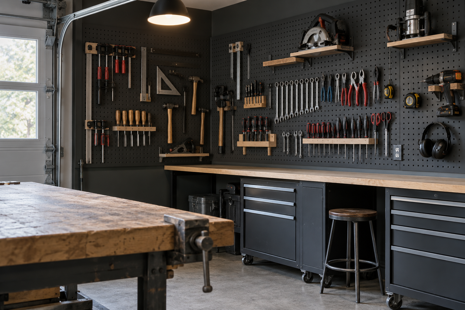 A charcoal pegboard wall holding frequently used tools within easy reach and less-used tools higher up.