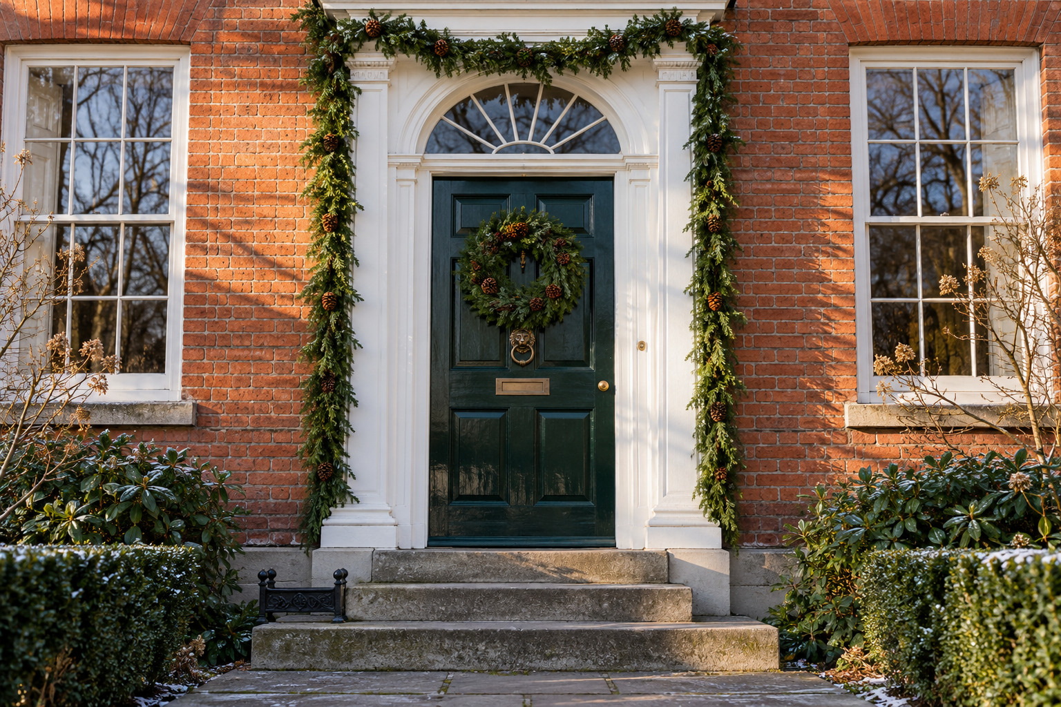 Fresh garland framing the white surround of a dark green front door on a red brick house.
