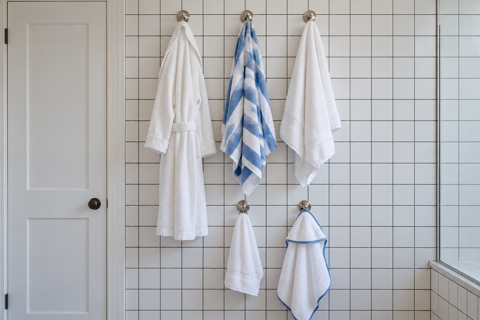 A row of robe hooks high on a tiled wall above a lower row of hooks holding a child's towel.