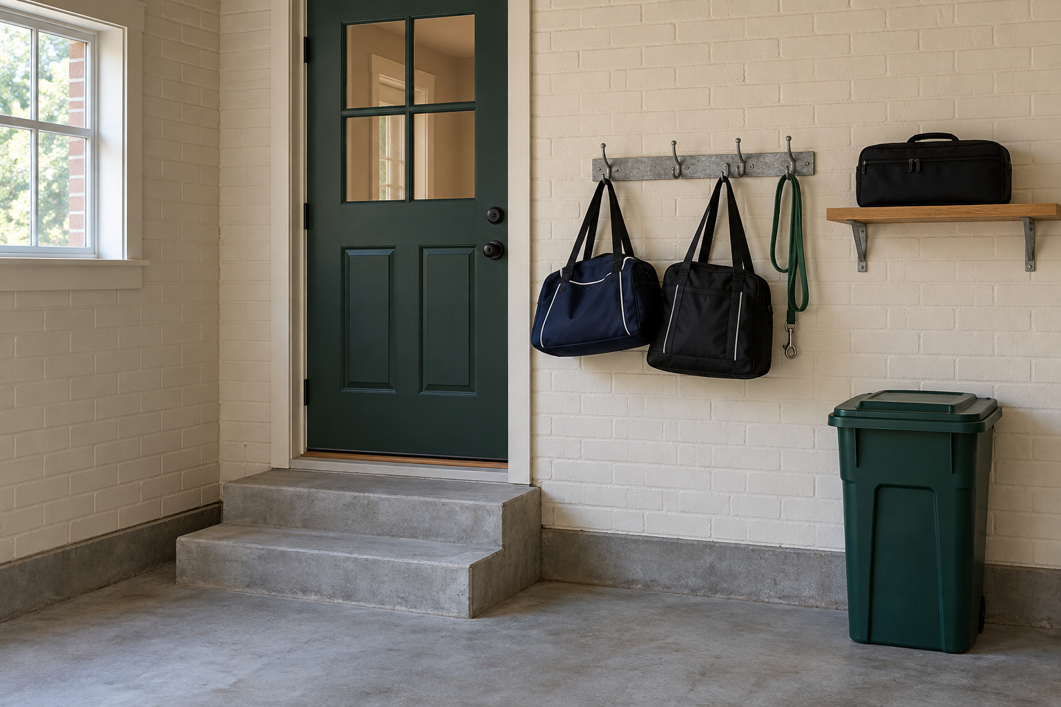 Sports bags, a leash, and a recycling bin grouped beside the door from the garage into the house.
