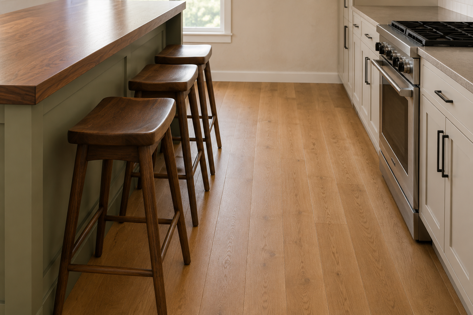 Close detail of the clearance space behind a row of kitchen island stools