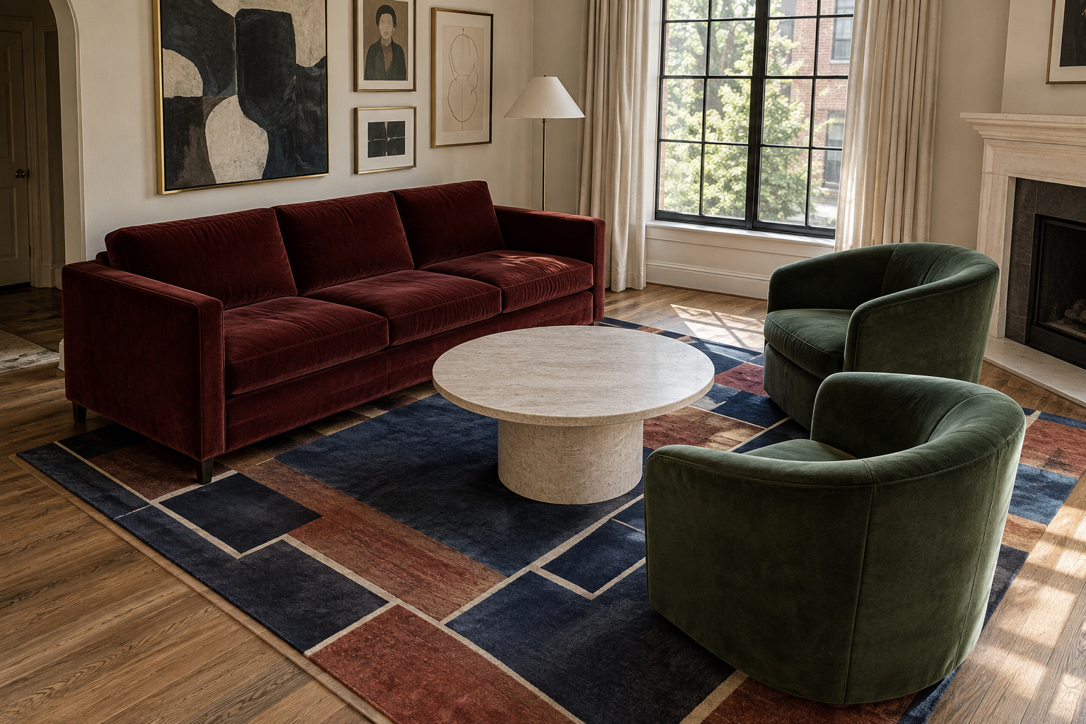 A living room densely layered with an oxblood velvet sofa, two deep green barrel chairs, a graphic navy and rust rug, and a mixed gallery wall, shown from an elevated angle.