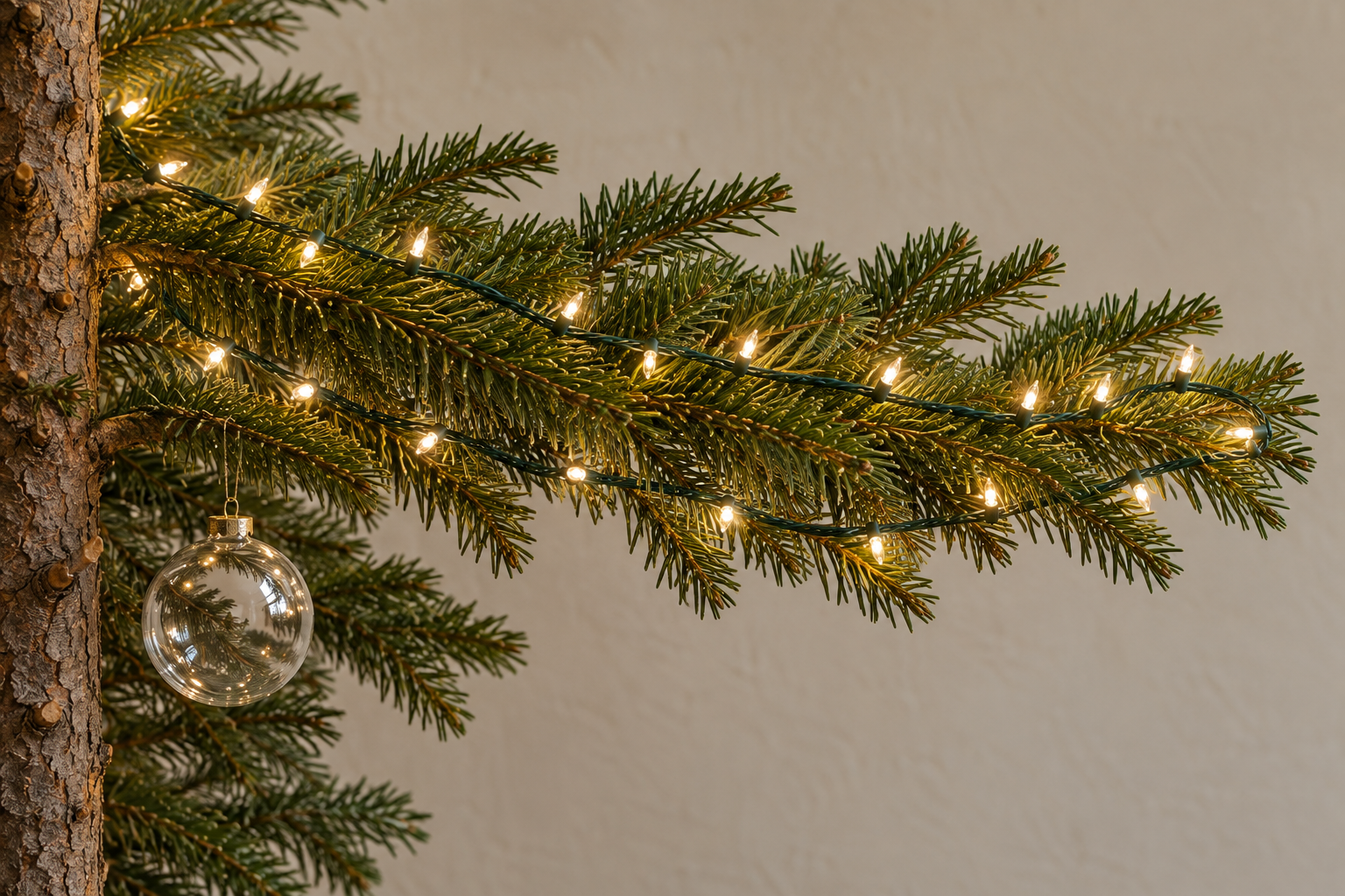 Warm white Christmas lights strung along a fir branch from the trunk out to the tip.
