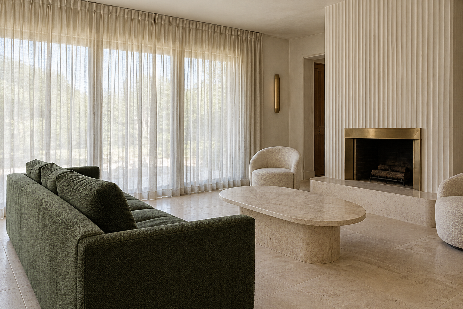 A living room with pale European-flax linen sheer curtains diffusing bright daylight across a wide window bank, a low track-arm sofa in deep bottle-green boucle, an oval waterfall-base travertine coffee table, and a fluted plaster fireplace surround with brass trim.