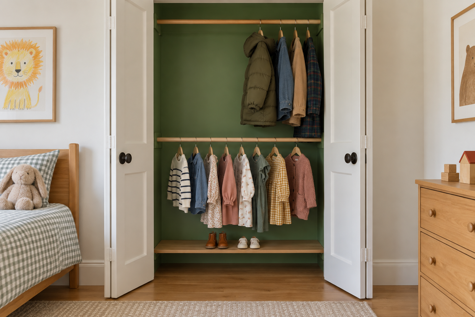 An open closet painted green with a low rod of children's clothes below a higher rod.