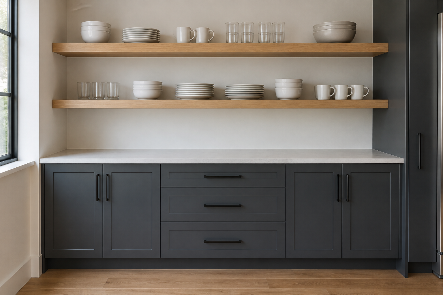 White oak open shelving above graphite-painted closed cabinets on one kitchen wall.