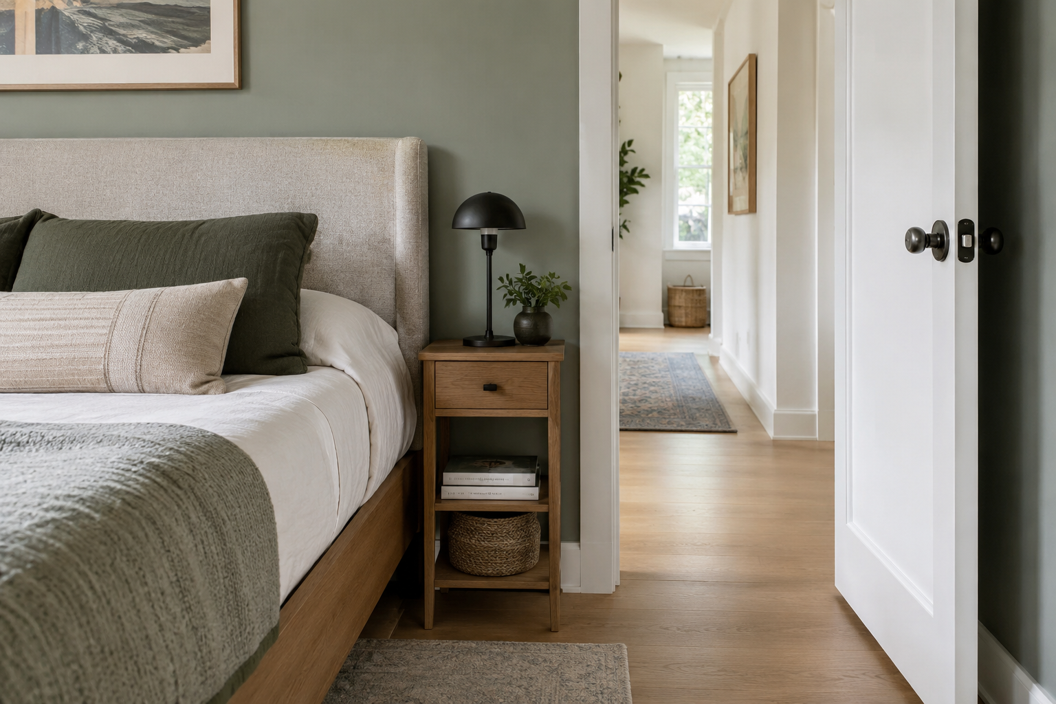 A narrow nightstand fitting a tight bedside space with clearance to spare