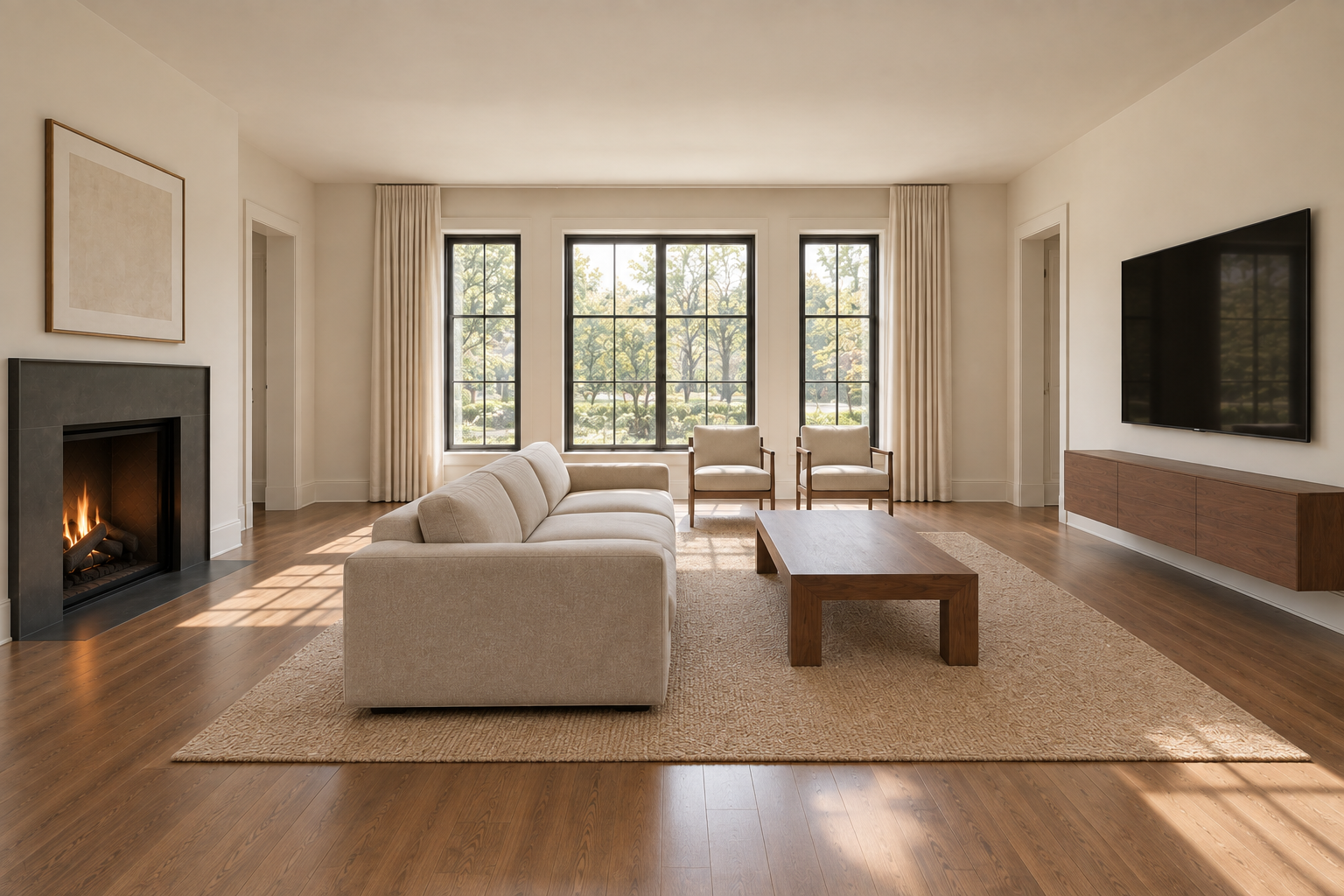 A larger living room with a fireplace and TV on opposite walls, seating facing the TV.