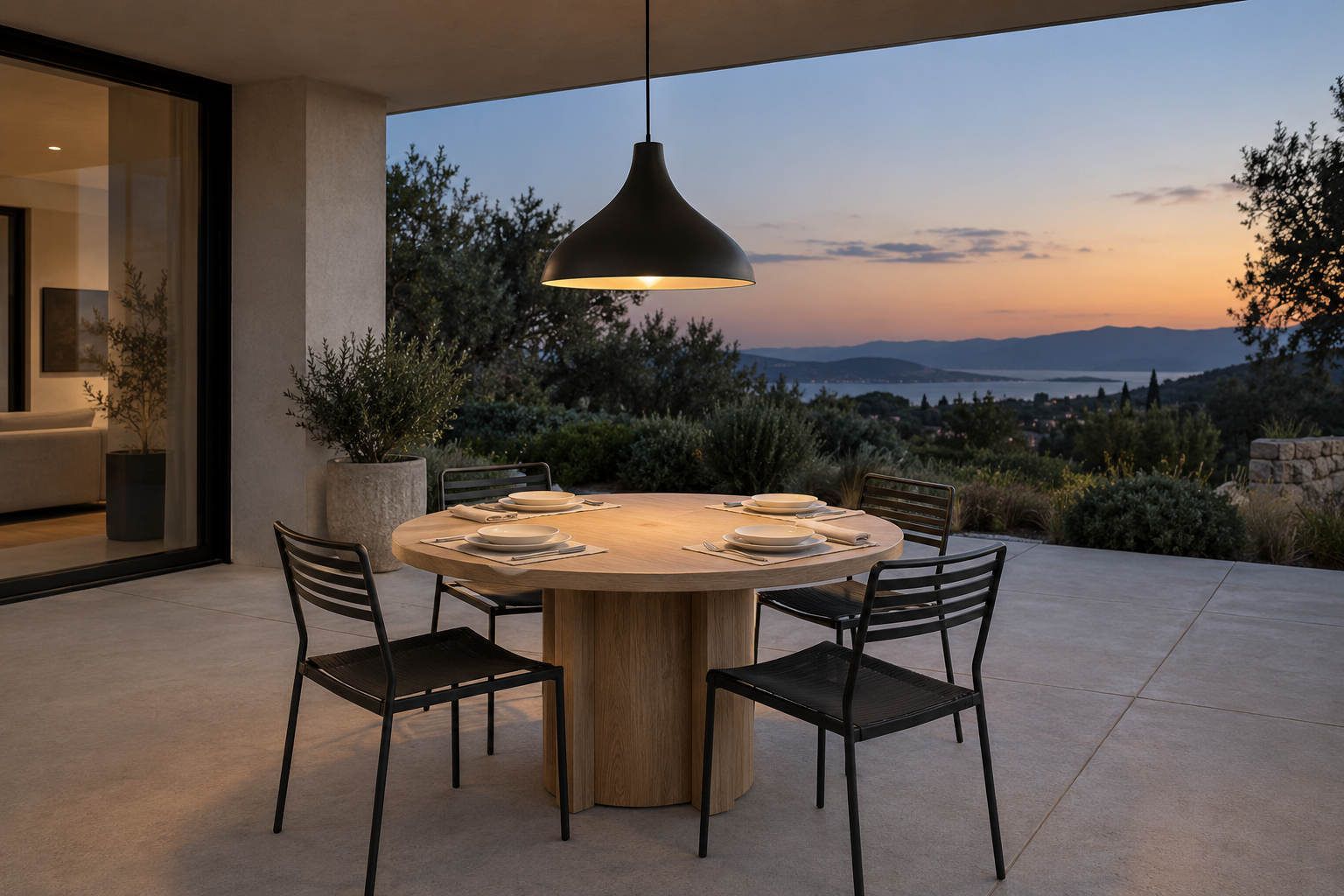 A black steel pendant hung above a round outdoor dining table on a covered patio at dusk