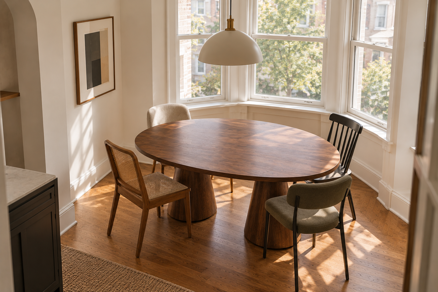 An oval walnut table on a double-pedestal base fitted into an irregular bay-window dining alcove.