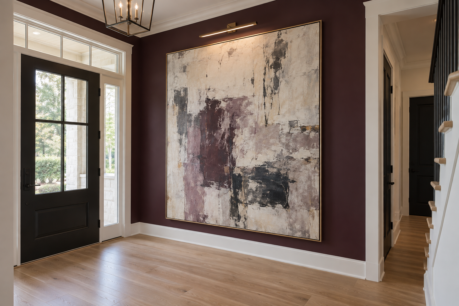 A single oversized abstract art piece on a deep plum entryway wall, with no mirror or console present.