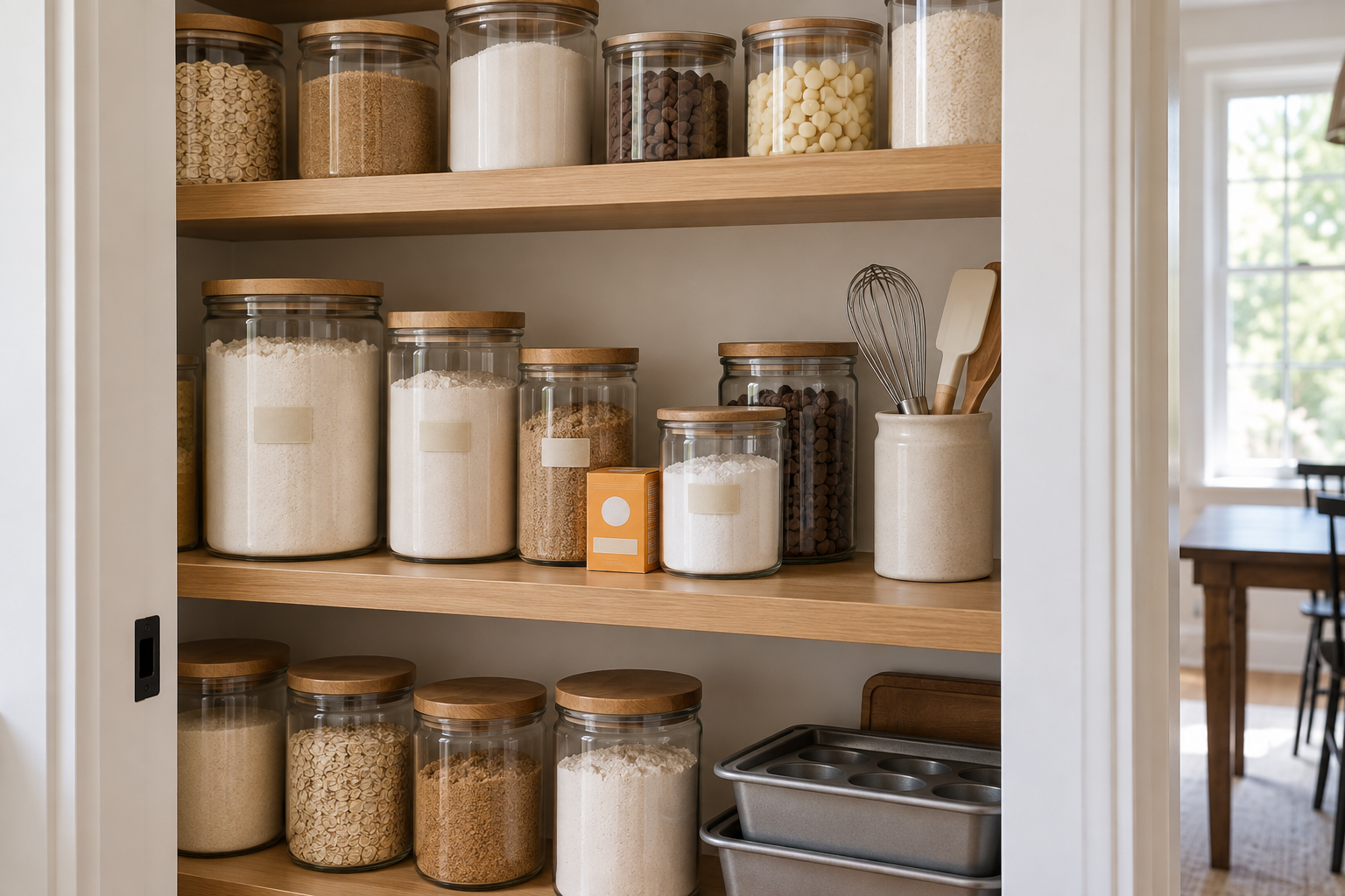A pantry shelf grouped into a baking zone with flour, sugar, and baking supplies together.