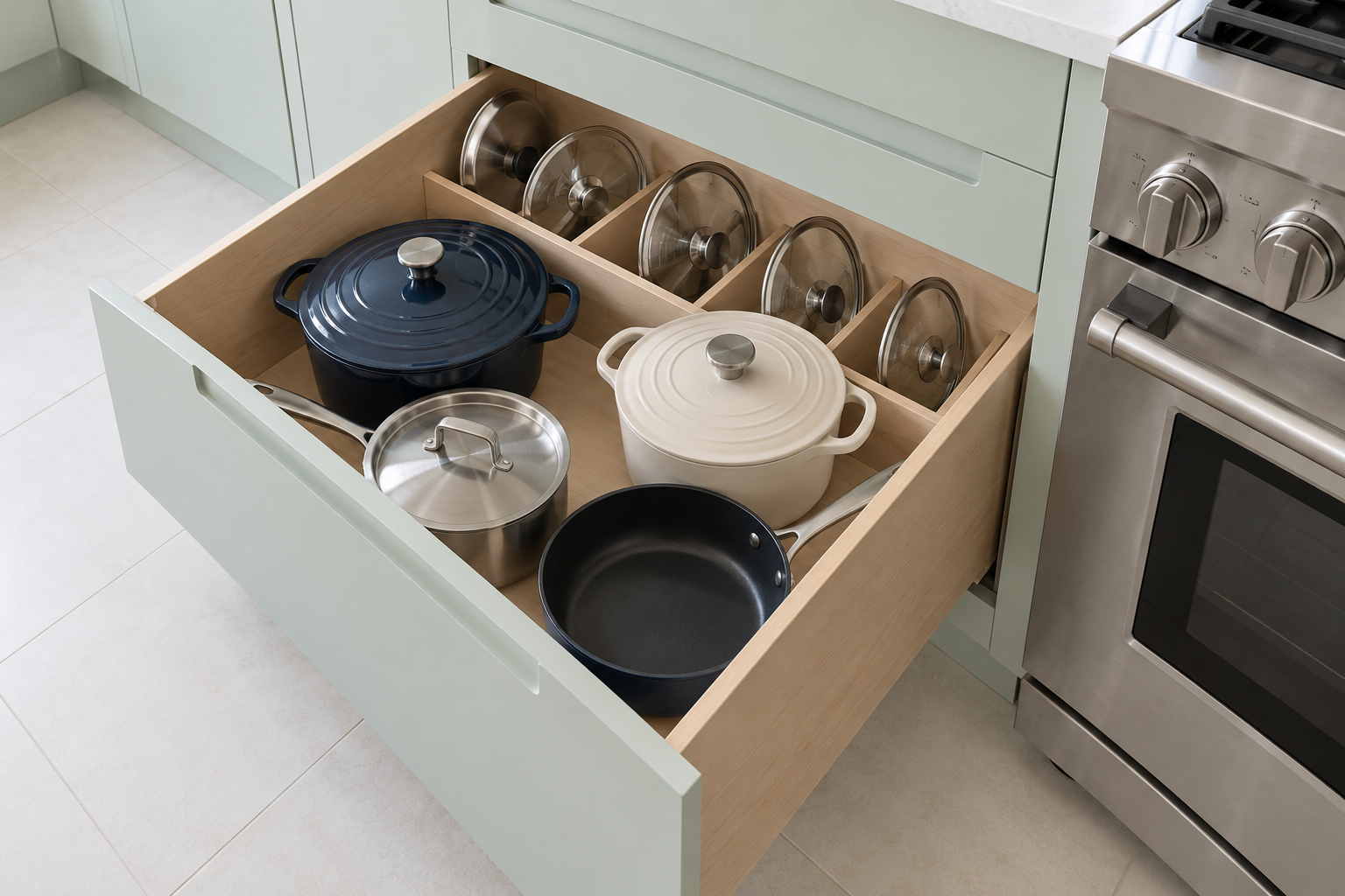 A deep drawer of pots and pans beside a range, with lids standing upright in a divider.
