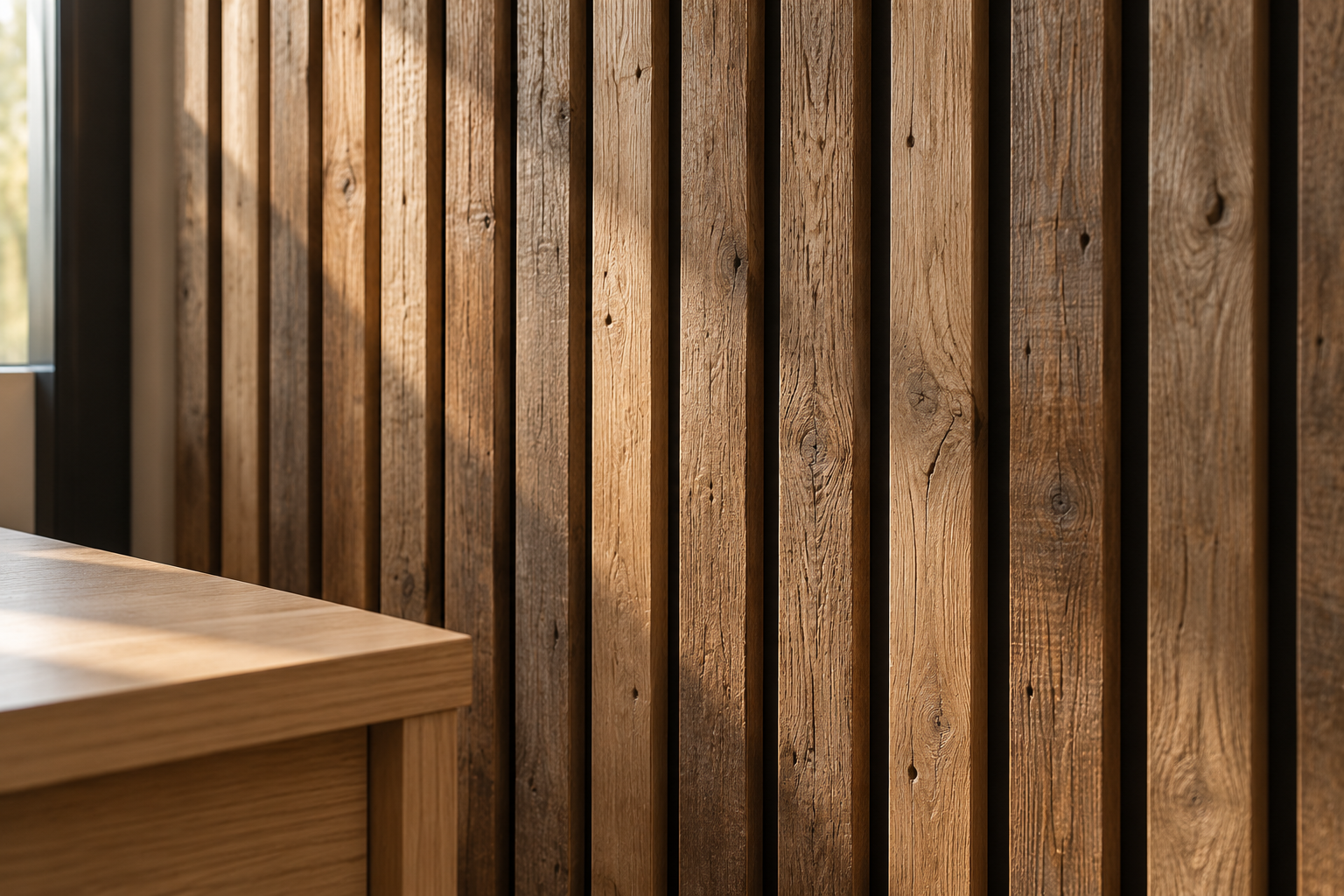 Close detail of vertical reclaimed wood slats in a home office, showing natural grain and weathered tone variation.