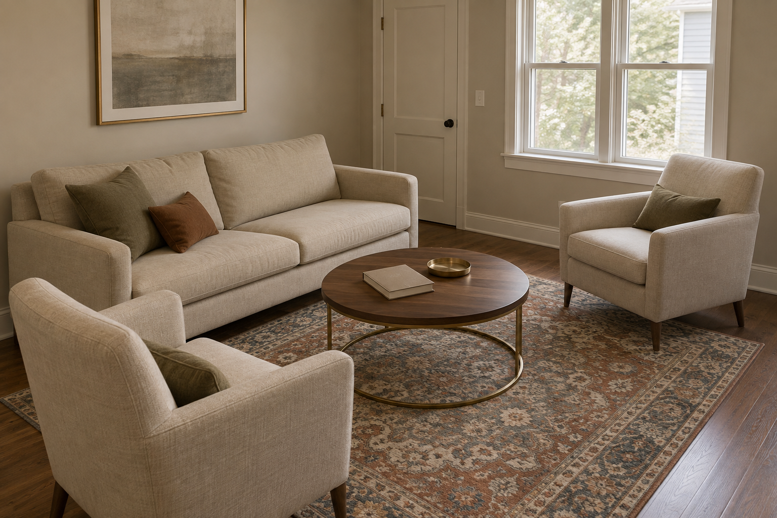 A living room rug sized so the sofa and chairs’ front legs land on it, anchoring the seating zone.