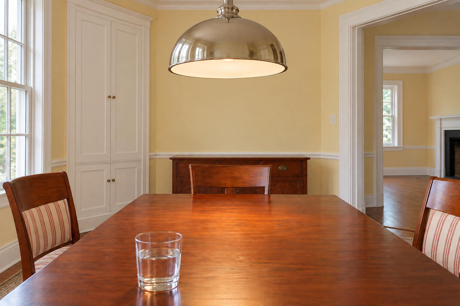 The view from a seated position at a cherry dining table, with a nickel dome pendant hanging just above eye level.