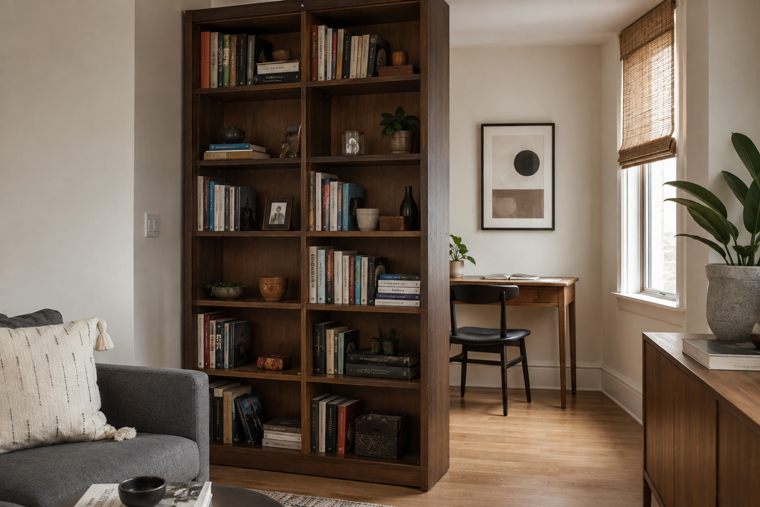A home office corner visually separated from the rest of the room by a tall bookshelf