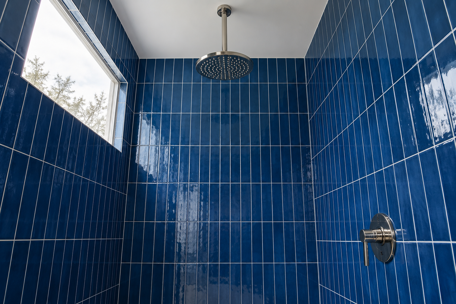 Glossy cobalt blue tile running all the way up a shower wall to the ceiling, with a ceiling-mounted rain shower head.