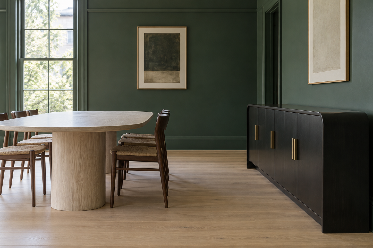 A black lacquer waterfall-front sideboard shown in profile against a pale ash oval dining table, comparing their heights in a deep green dining room.
