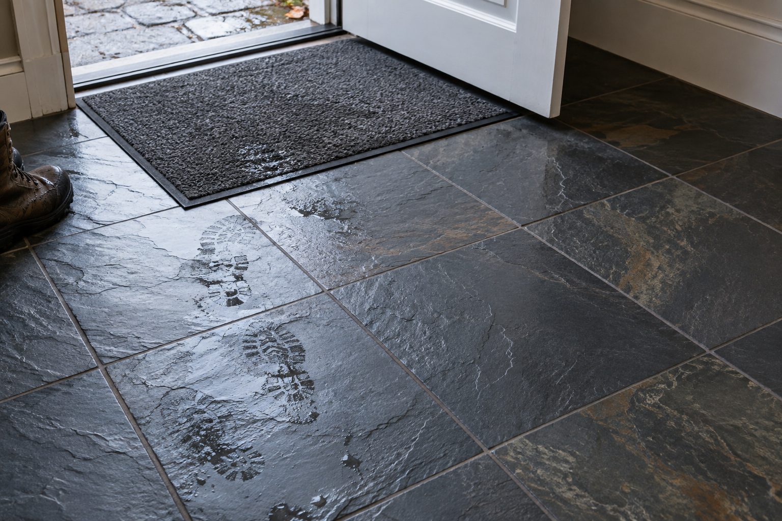 A blue-black slate mudroom floor with charcoal grout, a mat inside the door, and fading wet footprints.