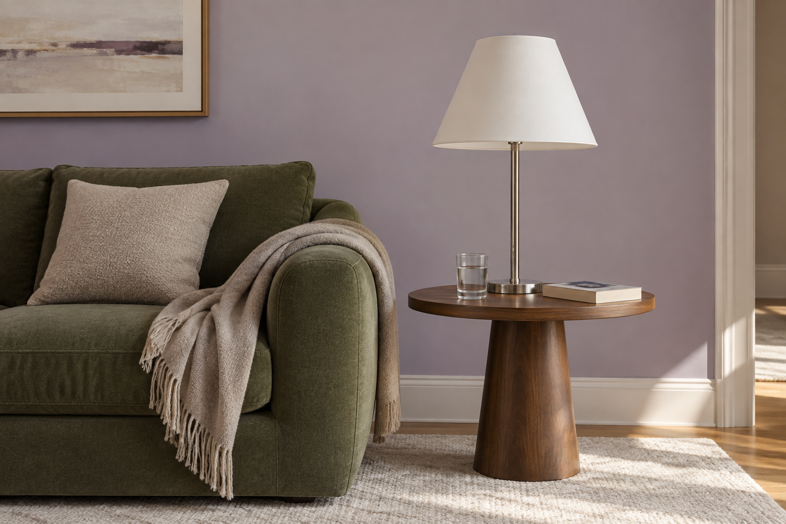 A slim nickel lamp with a paper shade on a round walnut side table beside a green sofa arm, with room for a glass and a book.