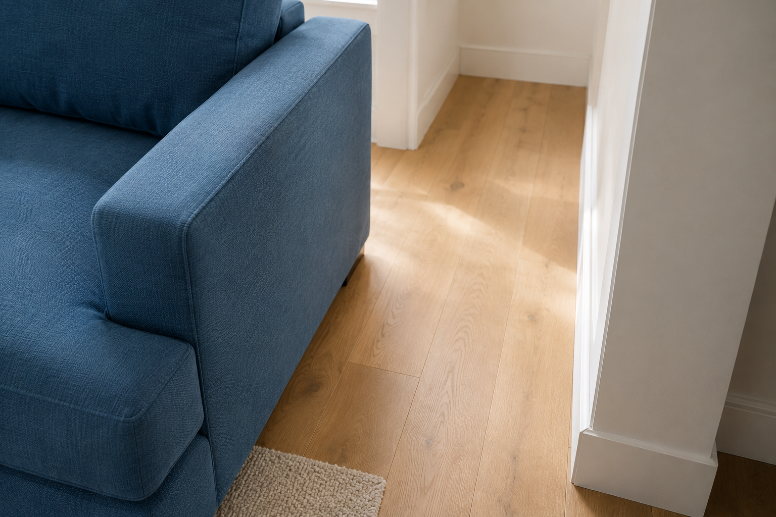 Close detail of the walking clearance left beside a correctly sized sofa