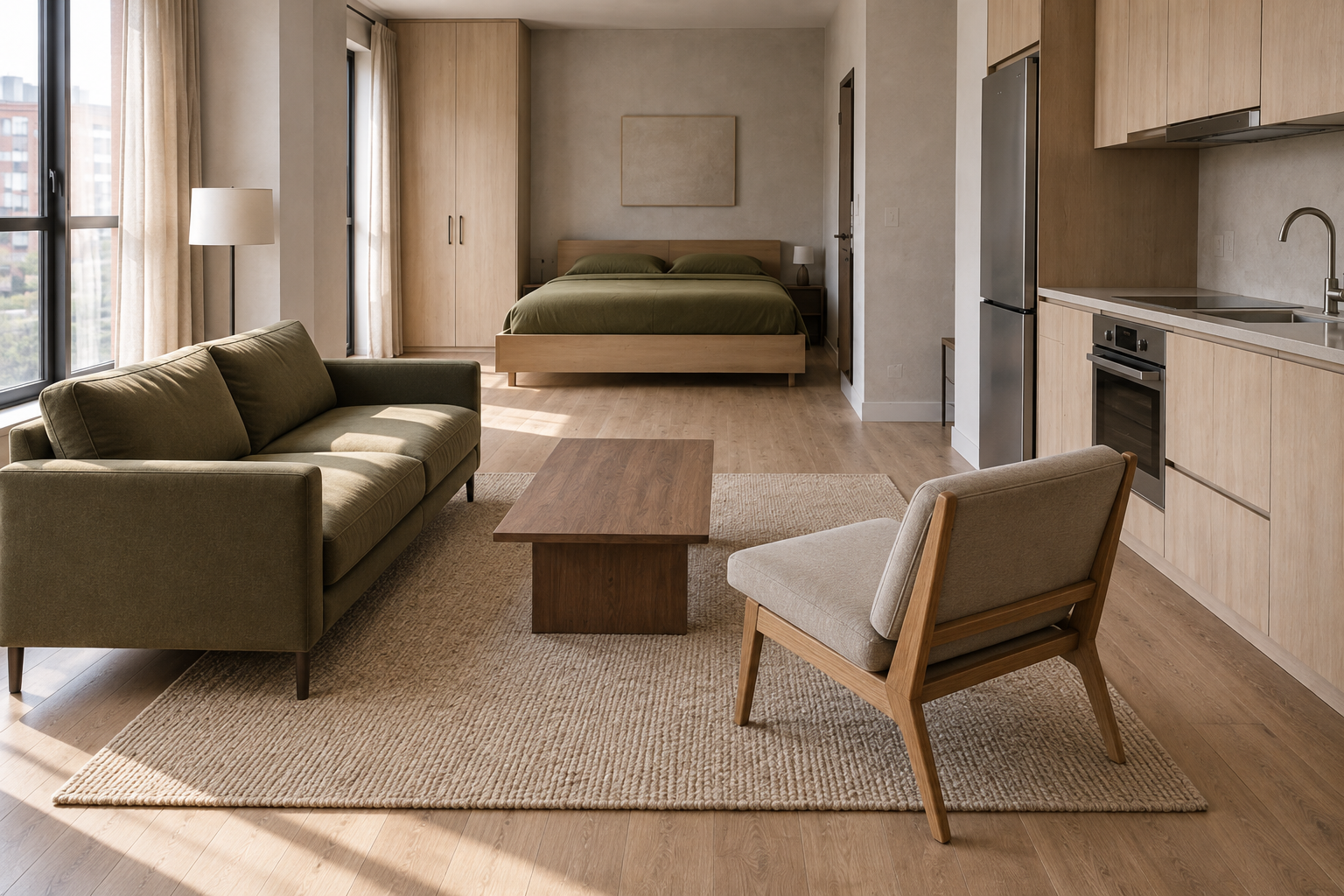 A sofa and chair anchored on a rug that marks the living zone’s boundary in an open studio apartment.