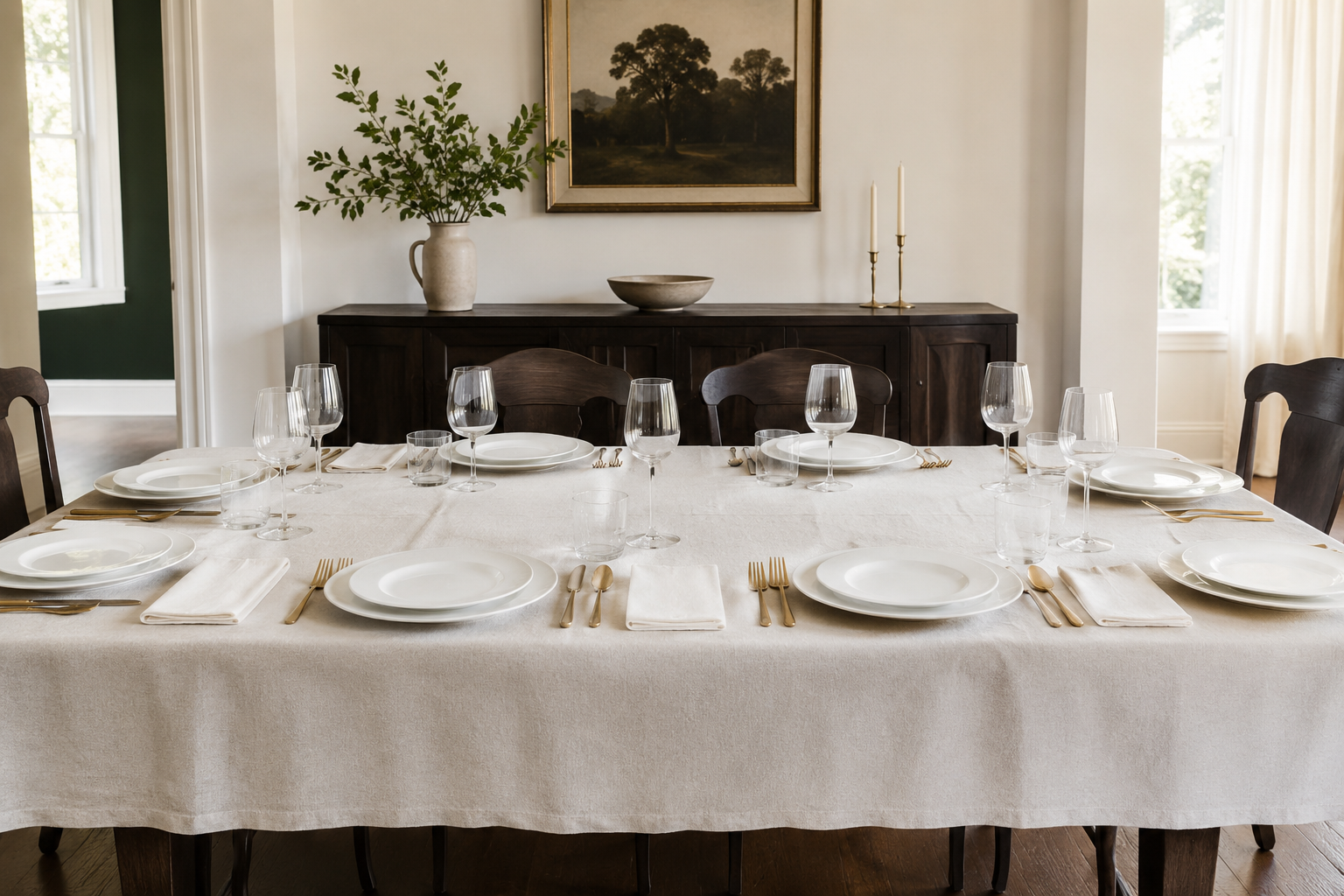 Thanksgiving table set with plain linen and brass flatware in a traditional dining room, no themed decor