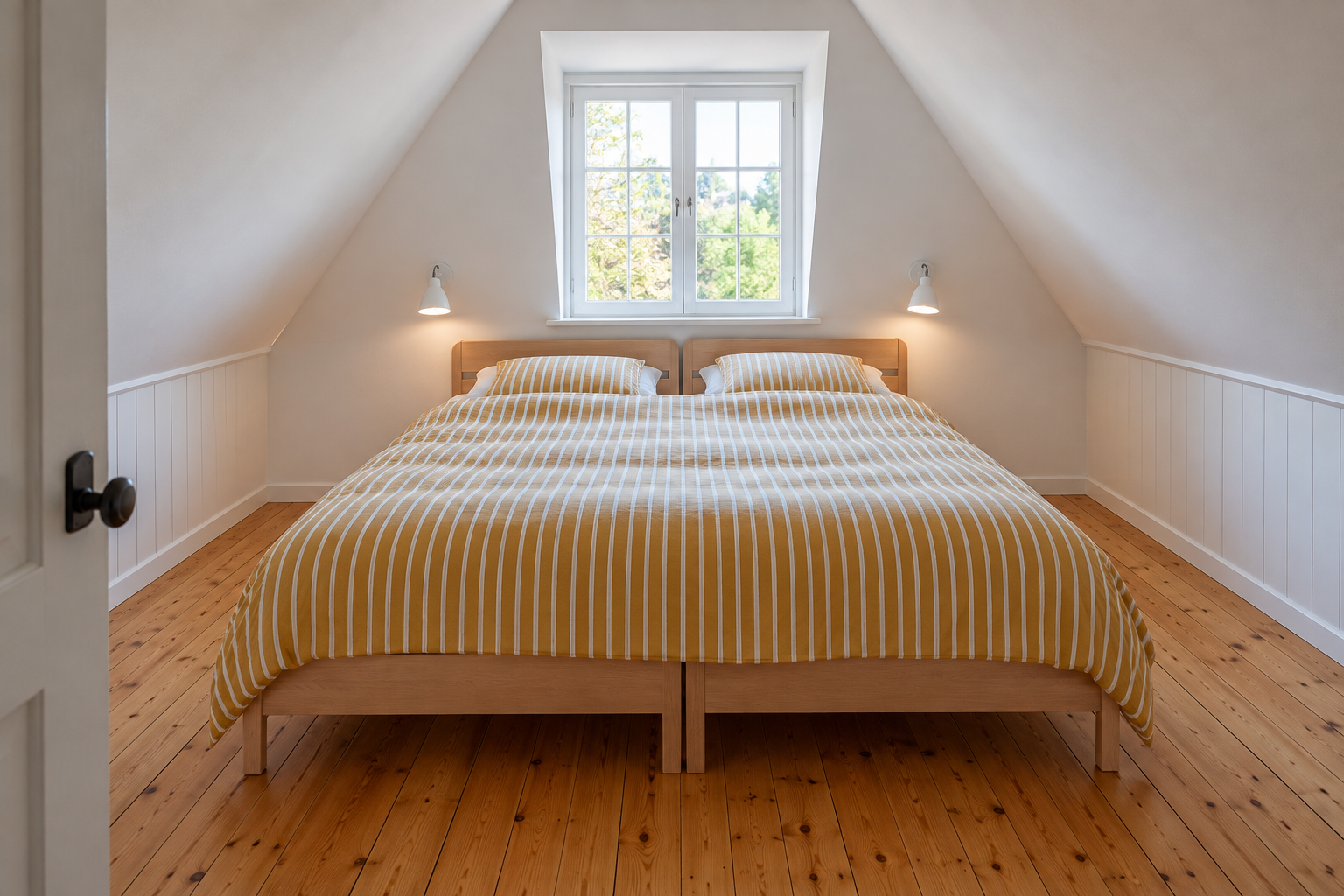 Two twin beds pushed together under one mustard striped duvet in an attic bedroom with a sloped ceiling.