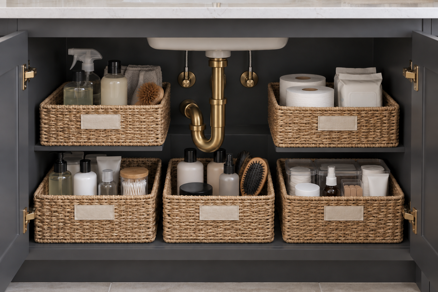 An open under-sink cabinet with labeled woven bins organized around the real plumbing pipe.