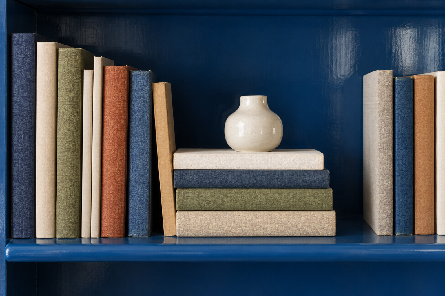 Upright books leaning against a short stack of flat books with a white ceramic vessel on top.