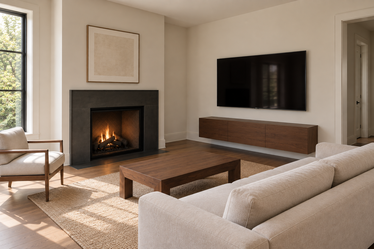 A living room with a fireplace and TV on adjacent walls meeting at a corner, seating angled toward the TV.