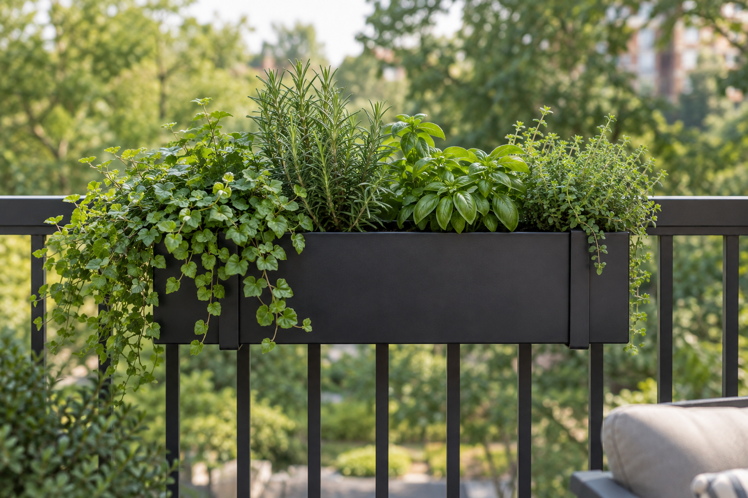 A railing-mounted planter box with greenery growing vertically on a small balcony.