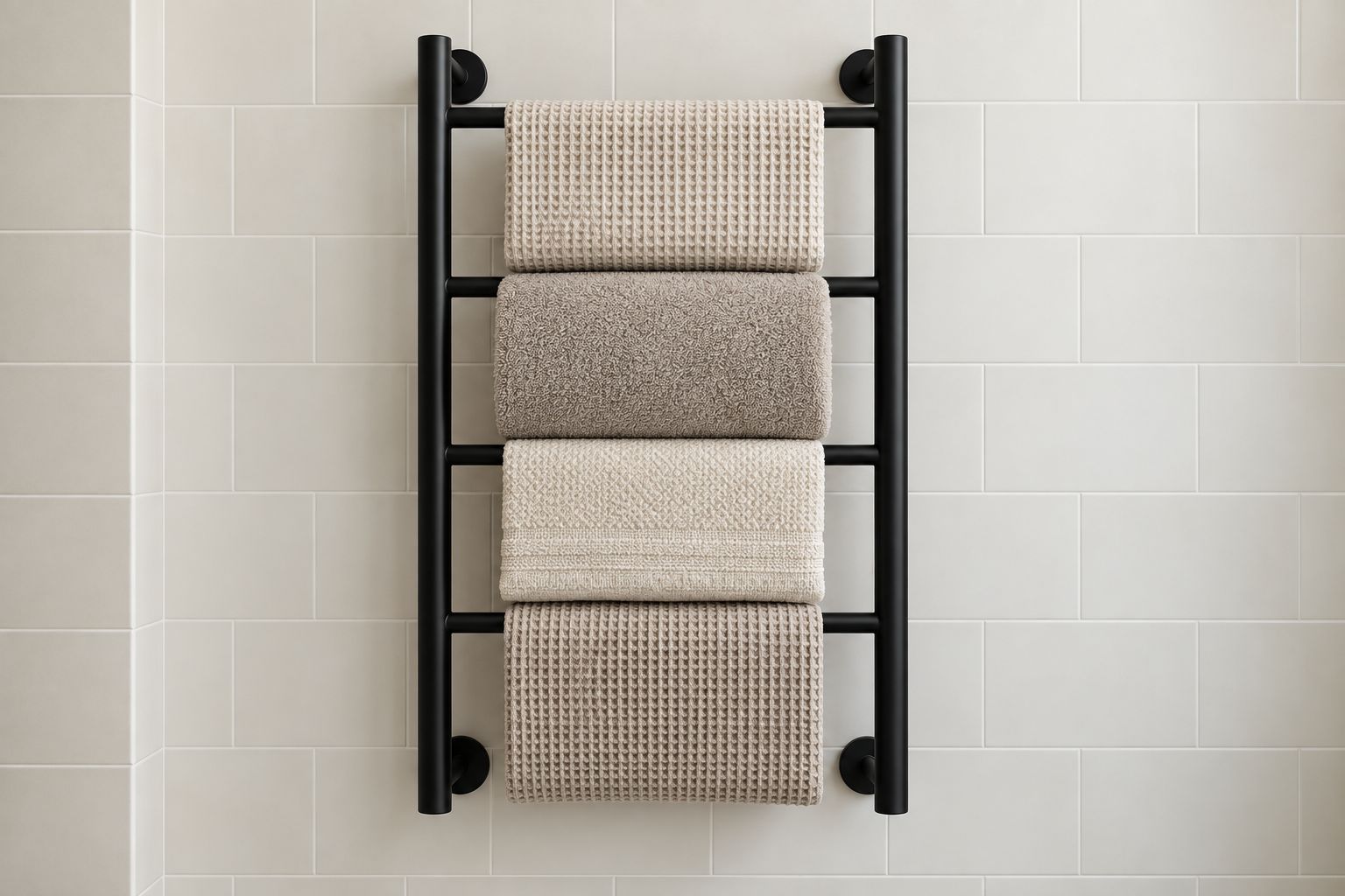 A wall-mounted towel ladder holding folded towels in a small bathroom.