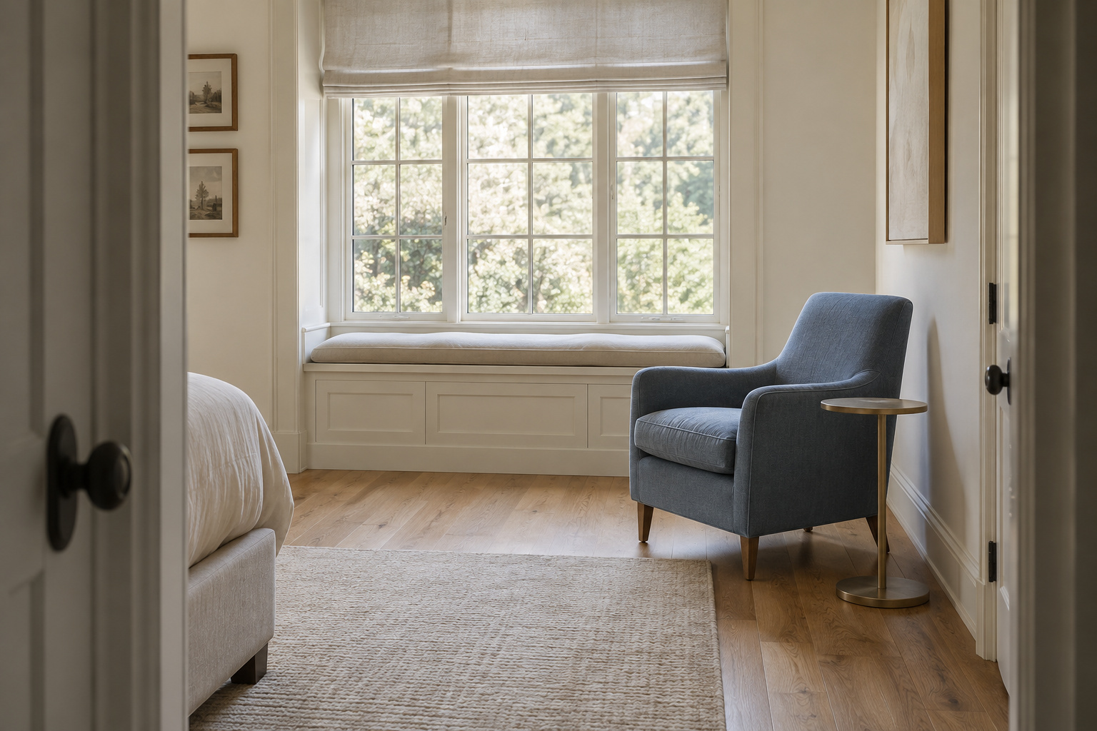 A bedroom accent chair pulled away from the side wall and angled toward the window.