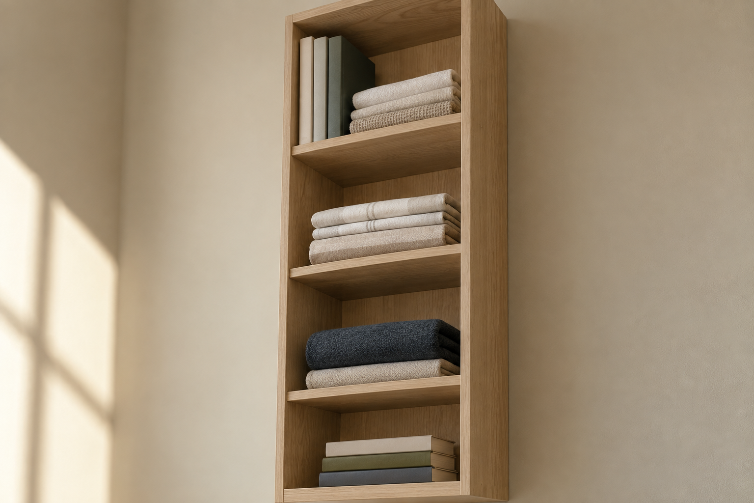 A tall, narrow wall-mounted shelf holding folded items in a small bedroom