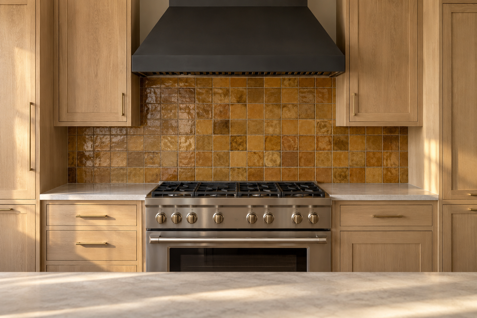 Ochre-glazed tile running from a range's counter to the precise underside of a slim black steel range hood.